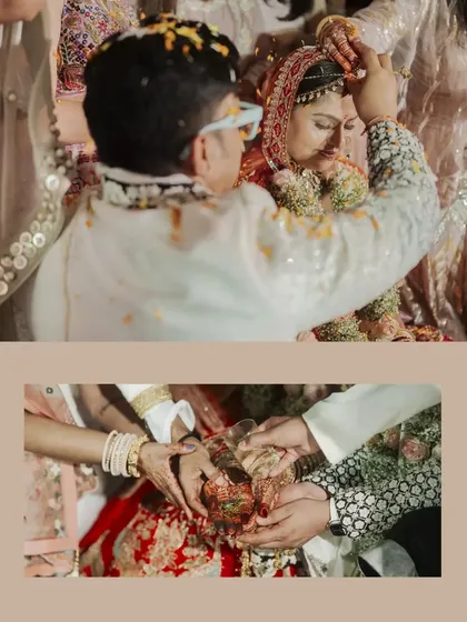 A collage of the sacred rituals, including the Sindoor application and Kanyadaan, capturing the depth of the ceremony.