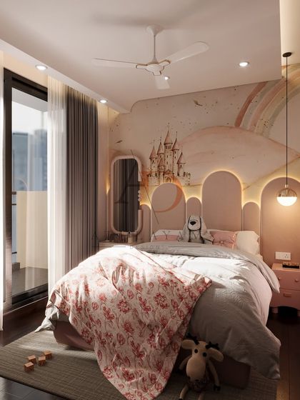 A magical child's bedroom featuring a large wall mural of a castle and rainbow, with a custom-shaped backlit headboard.