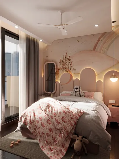 A full view of the whimsical kids' room, complete with a castle mural, a rainbow, and a cozy bed, designed to be a space where dreams come alive.