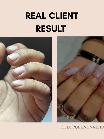 A real client result. This before-and-after shows how builder gel can be used to create beautiful, natural-looking extensions on short nails.