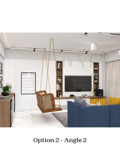 Angle 2 of 'Option 2,' providing another perspective of the living room layout. This view helps visualize the relationship between the seating area, media unit, and the indoor swing.