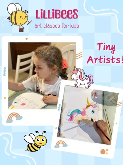 "Tiny Artists." A graphic celebrating our youngest students and their big imaginations, featuring a unicorn drawing.