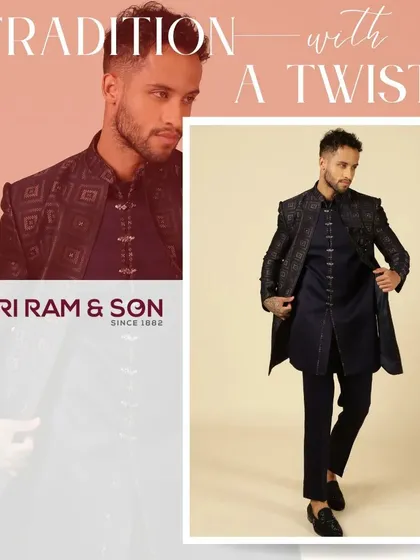 Tradition with a twist. This image showcases a stylish Indo-Western open jacket in a dark pattern, a perfect party wear outfit that makes a statement.