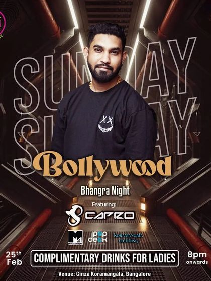 A poster for a 'Bollywood Bhangra Night' at Ginza, promising complimentary drinks for ladies.