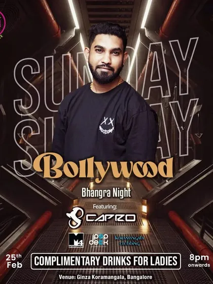 A poster for a 'Bollywood Bhangra Night' at Ginza, promising complimentary drinks for ladies.