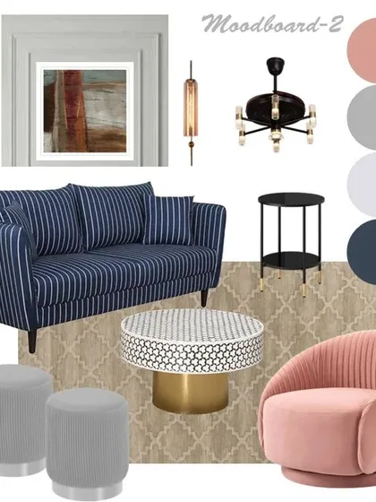 Furniture Mood Boards: Exploring different vibes for a living space. One mood board presents a neutral luxe theme with a chesterfield sofa and earthy tones, while the other offers a pastel chic alternative with pops of pink and blue. This is a key step in my collaborative design process.