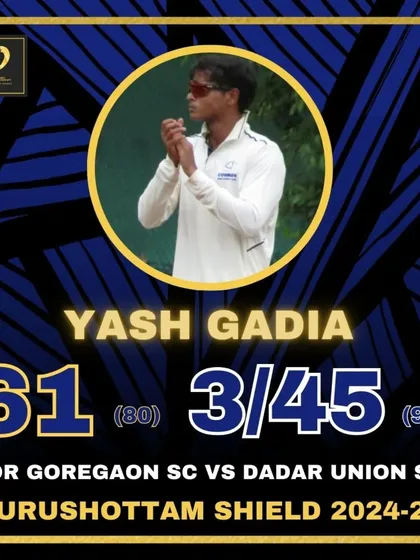 A great all-round performance by Yash Gadia in the Purushottam Shield, scoring 61 and taking 3 wickets.
