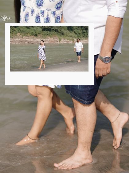 A creative composition focusing on the couple walking barefoot in the water, with an inset photo showing a wider view. This highlights the small, sensory details of a riverside shoot.