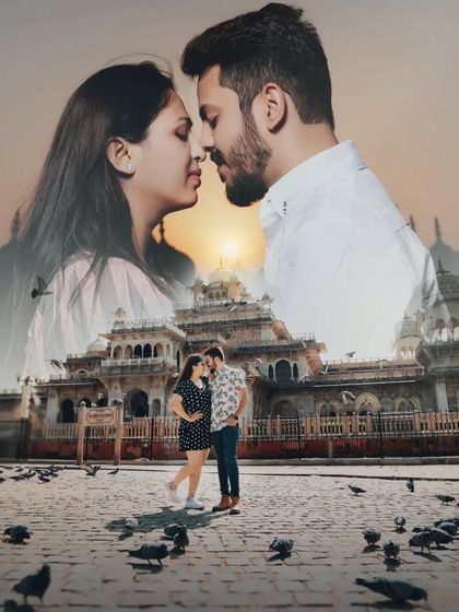 A creative double exposure combining an intimate close-up with a wide shot of Albert Hall Museum, blending emotion and location into one artistic image.