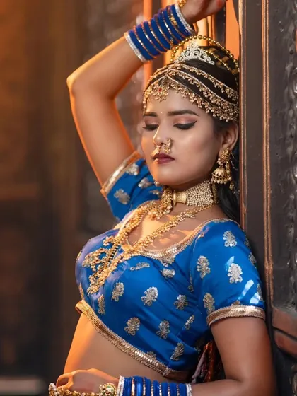 A dramatic pose that captures the regal essence of the look, with a focus on the stunning jewellery against the ornate background.