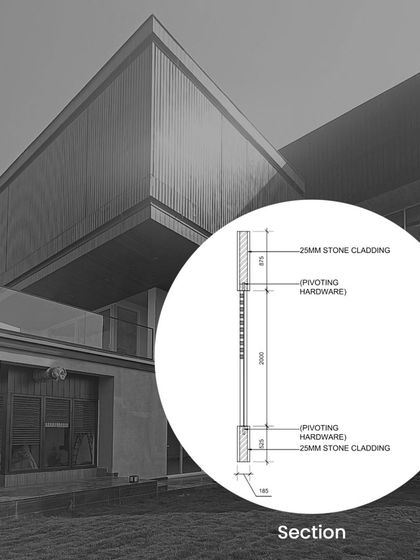 A detailed section drawing of the pivoting hardware used for the stone cladding on the Lakewood Residence, an example of the technical precision required in our designs.