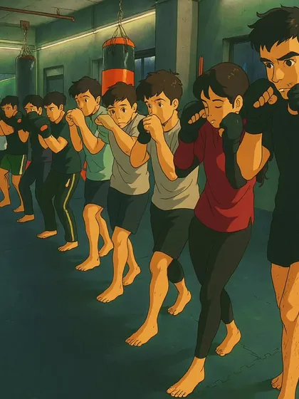 A drawing of a group class practicing their stance. This represents the unity and discipline we instill in all our members.