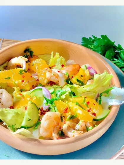 A vibrant Citrus & Prawn Salad, a refreshing and light option from our continental weekend menu. Perfect for a summer lunch.