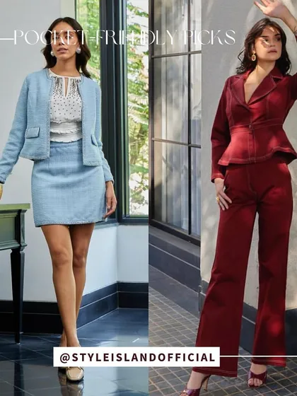 Skirt suits and pantsuits are having a major moment. These stylish sets in light blue and deep red are from a brand that offers trendy yet timeless pieces that are perfect for building a versatile wardrobe on a budget.