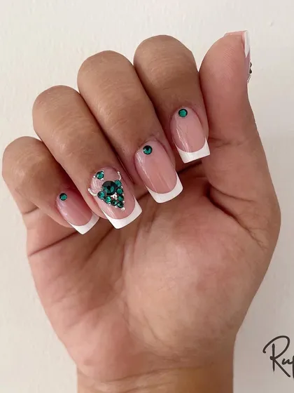 Another shot of the elegant French manicure with Swarovski crystals.