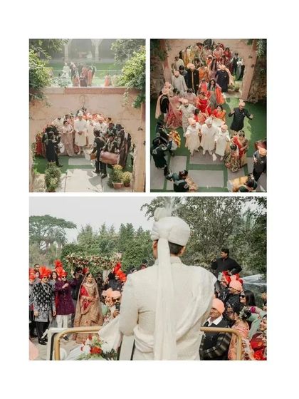 A collage of the Baraat procession, showing the energy and colors of the celebration from different angles.