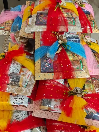 Another angle of the colorful wedding sagan hampers stacked and ready for delivery.