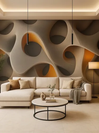 This modern wallpaper features an abstract 3D design with curved shapes and cutouts in neutral tones, creating a unique and sculptural effect on the wall.