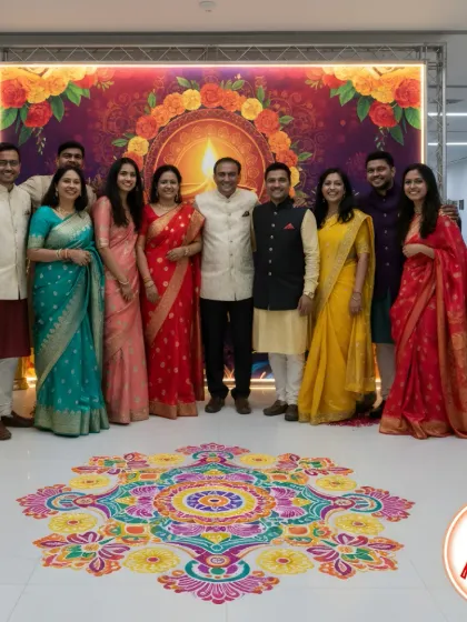 It’s wonderful to see a team enjoying the festive atmosphere. Here, employees gather for a group photo in front of the Diwali backdrop and rangoli I designed, showcasing how the right decor can bring people together and boost morale during corporate celebrations.