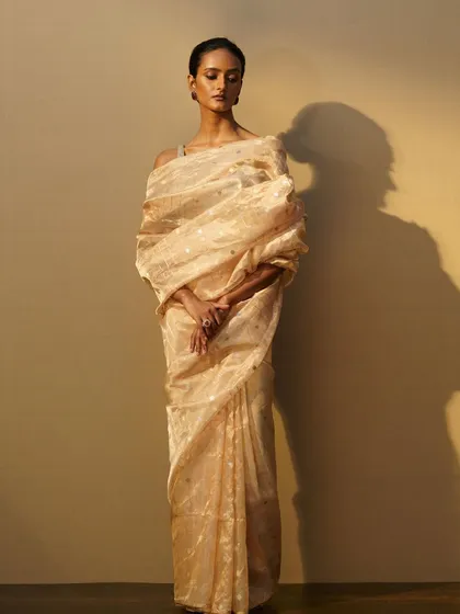A full-length shot of the gold tissue saree, emphasizing its light and airy texture and the way it catches the light.