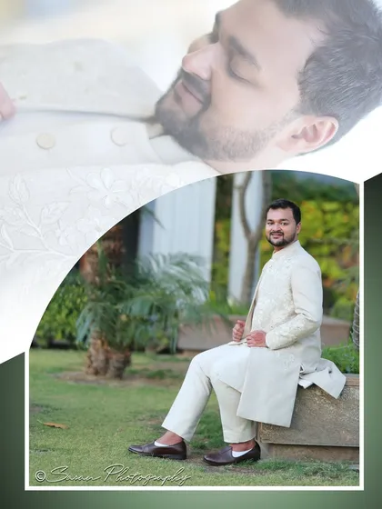 A creative collage of the groom's outdoor portraits, blending different poses and angles.