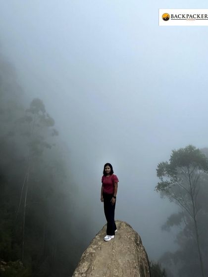 Standing on a rock amidst the fog in Kodaikanal, creating a dramatic and memorable photo.