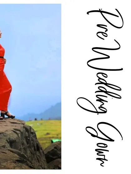 A graphic showcasing our pre-wedding gown collection. This bright red gown is another fantastic option for creating bold and beautiful pre-wedding memories.