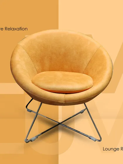 The 'LUV' lounge chair features a distinct circular design with a comfortable cushion. Its chrome cross-base is both stylish and stable, ideal for a modern lounge or retreat.