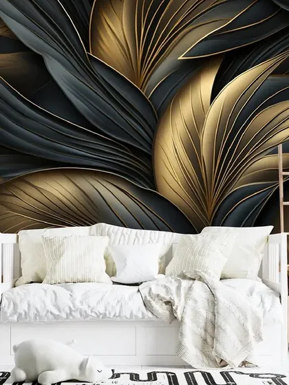 A luxurious bedroom featuring a 3D wallpaper of black and gold leaves. The design adds a touch of drama and sophistication to the space.