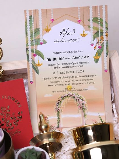 A detailed view of the custom wedding invitation card, featuring beautiful illustrations and personalized details for the couple's big day.