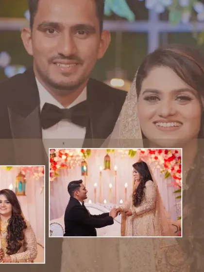 This album layout captures the story of the reception, blending a large, happy portrait with smaller, candid moments from the event.