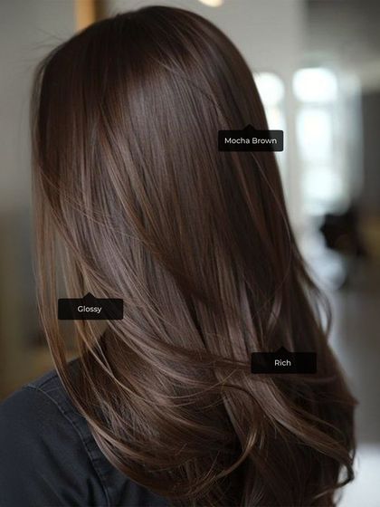 A rich, glossy mocha brown. We teach the techniques to achieve this level of shine and depth in our hair colouring courses.