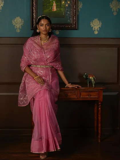 Full look from the Label by Shalini Bhagat shoot, showing how a belted dupatta can create a modern silhouette for a traditional sari. Accessorizing is key to updating classic Indian wear.