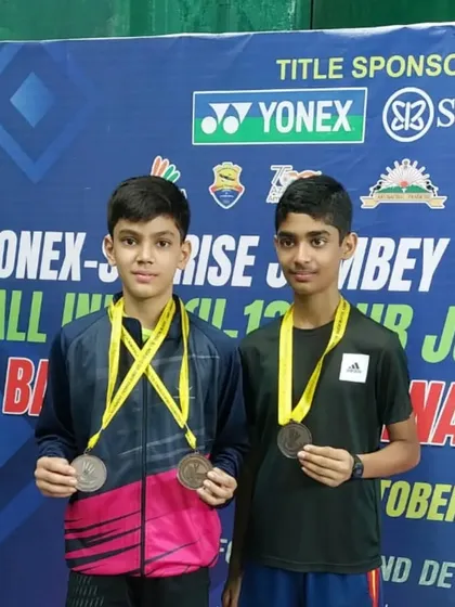 Shaurya and Aryan with their bronze medals from the All India Sub Junior Ranking Tournament. Consistent performance in high-stakes tournaments is a key focus of our competitive training program.