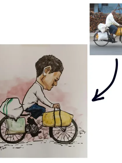 From a real-life scene to a cartoon interpretation. I saw this man on his cycle in Nashik and was inspired to draw this watercolor caricature, capturing the essence of his daily life.