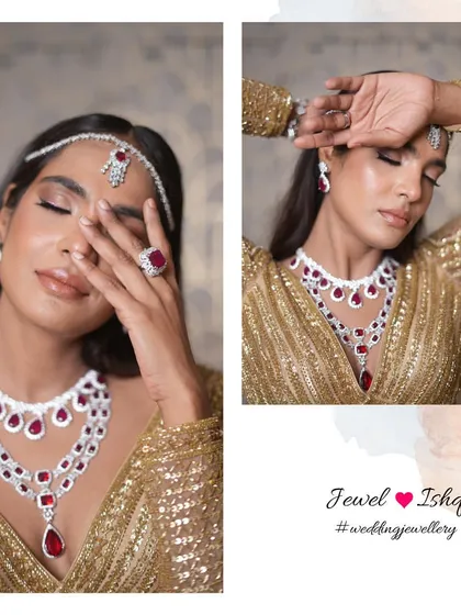 The art of the pose. This ruby and diamond set is all about confidence and glamour. The intricate design of the necklace, with its cascading layers, draws the eye and creates a truly memorable silhouette.