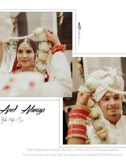 A beautifully designed album page titled 'Forever And Always'. It shows the bride's perspective during the varmala ceremony, capturing the groom's happy expression as they complete the ritual.