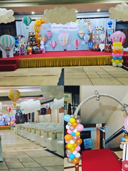 The Hot Air Balloon theme is a favorite for baby showers and first birthdays. This collage shows the complete setup, from the main stage backdrop and themed props to the decorated entrance arch that welcomes your guests.