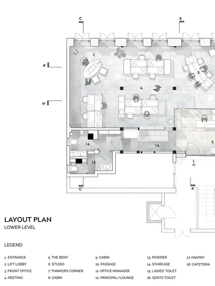 The lower level layout plan for The Loft. Every zone is clearly marked, from the entrance and front office to the main studio and private cabins, illustrating the logical and efficient flow of the workspace.