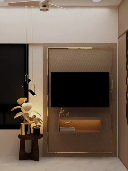 A 3D render of a living room with a dark color scheme and a large TV unit.