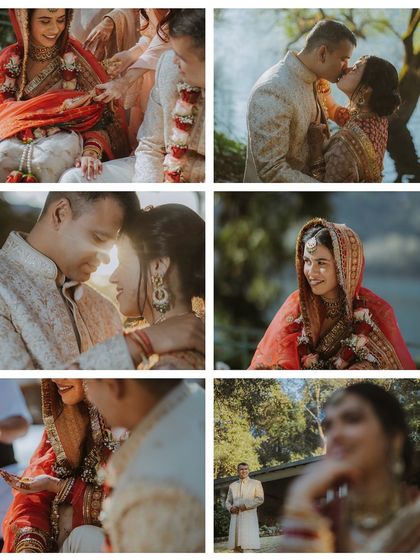 A collage of intimate and ceremonial moments from a lakeside wedding, showcasing kisses, smiles, and traditional rituals.
