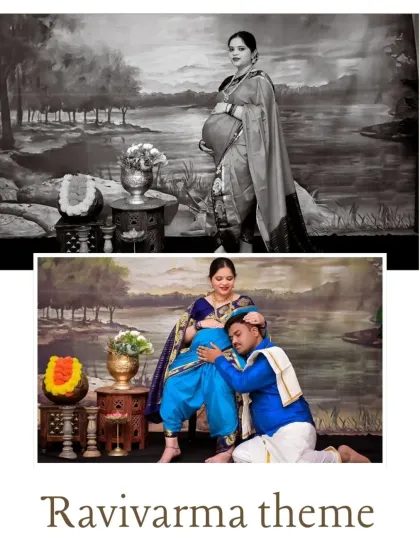 This collage presents a mix of color and black-and-white images from a Ravivarma themed shoot, showing the artistic possibilities. It captures both a regal solo portrait and an intimate moment between the couple.