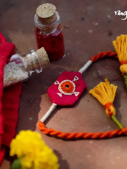 Celebrate the beautiful bond of siblings with a Rakhi made with care and craftsmanship. This piece features Soof embroidery and comes with traditional roli and chawal for the ceremony.