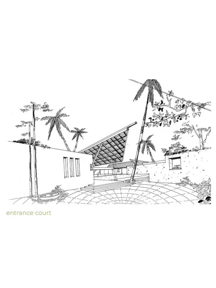 A sketch of an entrance court, part of a series on conscious roof design. The drawing explores how the roof form can create a welcoming and sheltered transition space, integrating with the landscape and framing views.