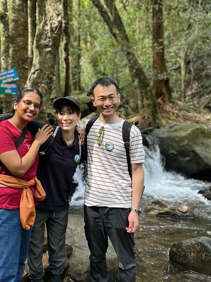Three of our international trekkers enjoying the forest trail on the way to Netravathi peak.