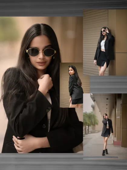 A multi-frame collage capturing the essence of urban street style, from a close-up with sunglasses to full-body power poses.