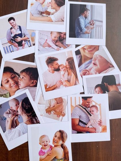 This collection of polaroids showcases heartwarming moments between parents and their babies. It's a beautiful way to document the journey of parenthood.