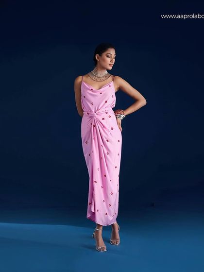 A full-length, centered shot of the Aapro Adila Wrap Dress, showcasing the complete look.