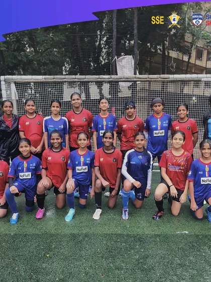 Our U14 girls squad stands united before a friendly pre-season match against South Mumbai United Academy. These games are crucial for tactical preparation and team bonding.