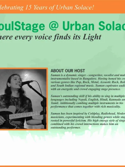 A poster for our 'SoulStage' event, a mixed open mic where every voice finds its light. This is where musicians, poets, beatboxers, and all kinds of performers come together to share their talent.